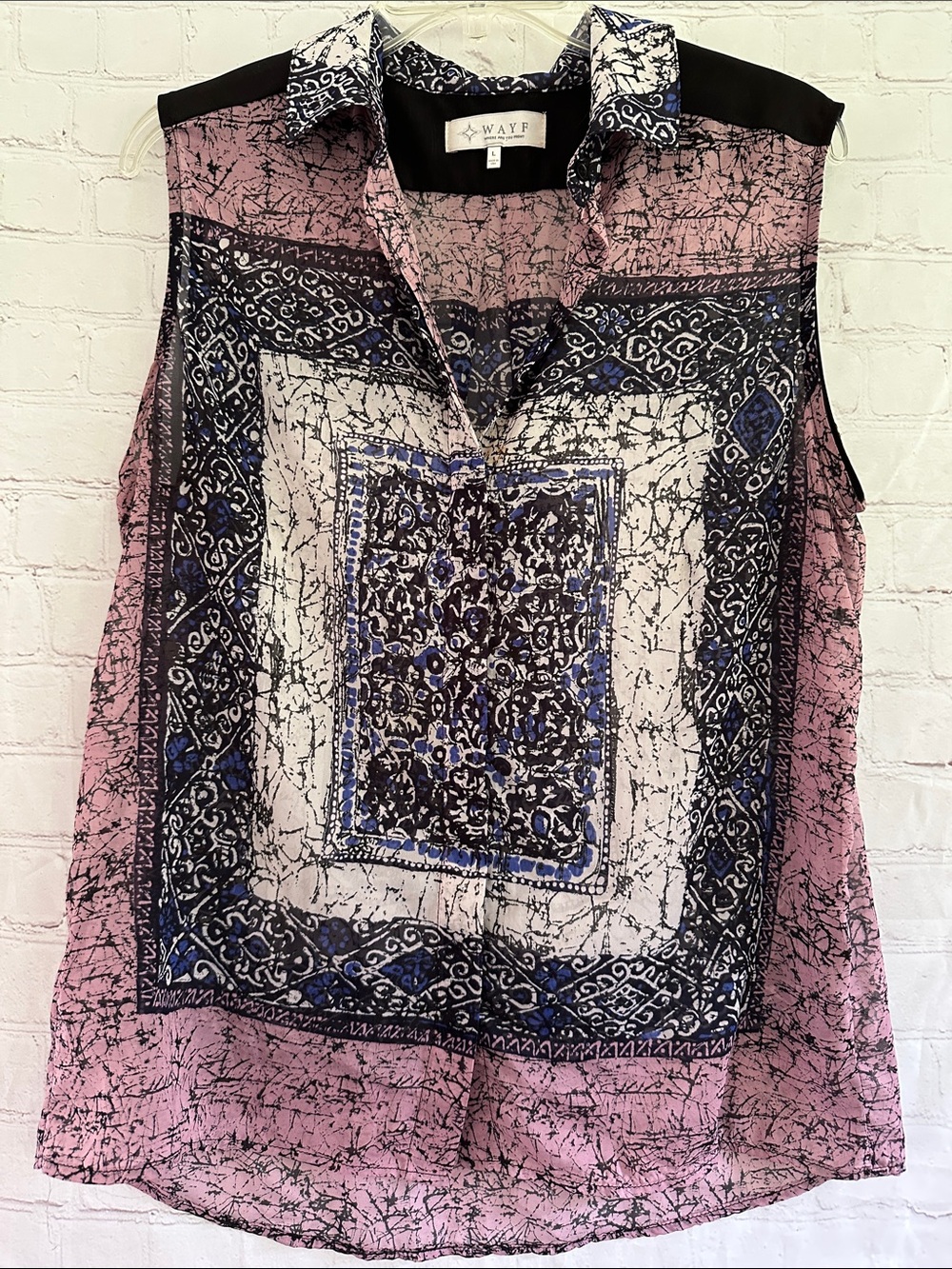 WAYF sheer Patterned Button Down Sleeveless Blouse size L